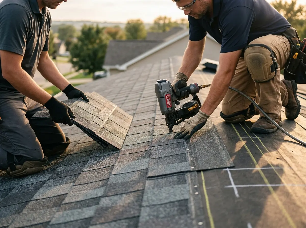 Professional roofer working on a residential roof in Wilmette